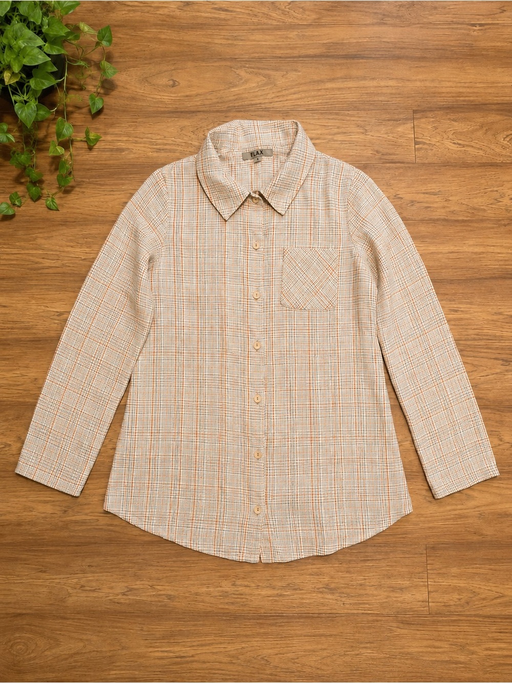 Flax 100% Linen Tan, Rust and Blue Plaid Long-Sleeve Button-Down Shirt